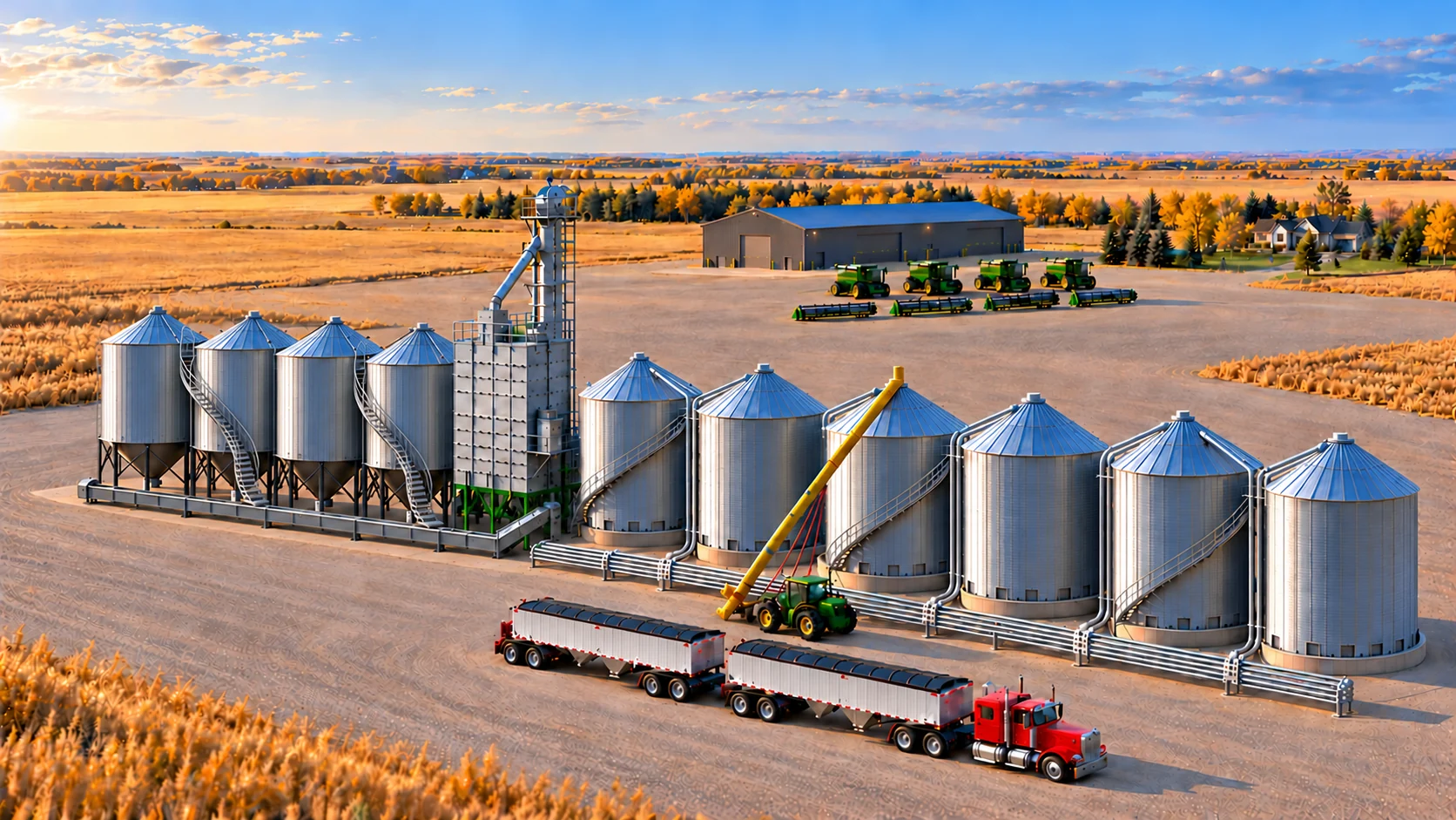 Prairie farmyard concept with tall hopper bins, a dryer and elevator, six large storage bins, a forward-facing grain truck, portable auger, distant shop, combines and farmhouse.