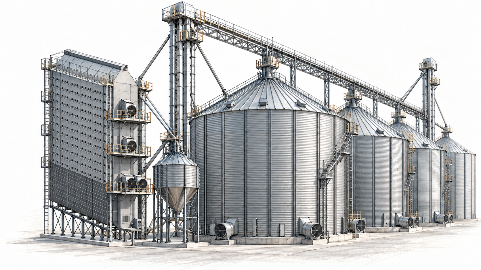 Grain-system concept sketch showing storage bins, supported overhead handling, wet holding, dryer and elevators